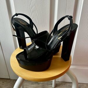 Saint Laurent Black Patent Platform Slingback Sandals